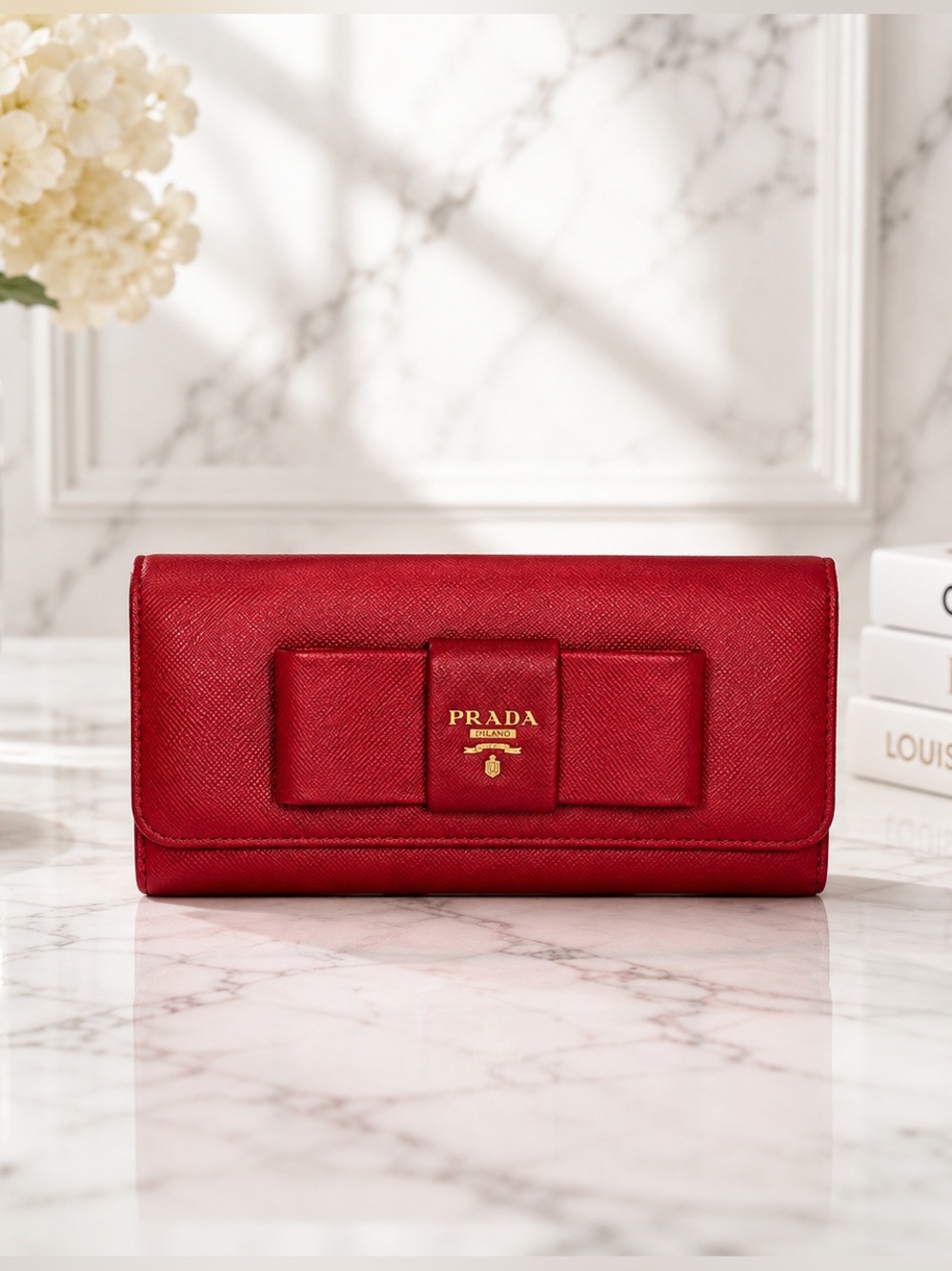 Prada Pink Saffiano Leather Iconic Bow Wallet Full Inclusion